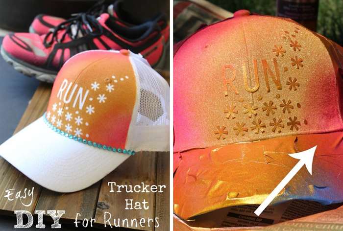 orange painted trucker hat with run printed on the front