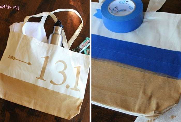 tote bag with gold accents that says 13.1