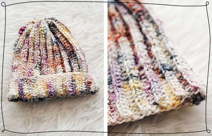 Colorful beanie sits on rug