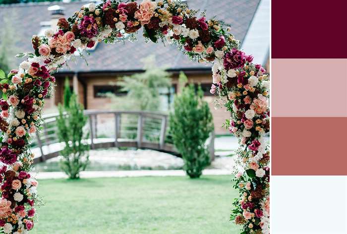 red and pink flower arch