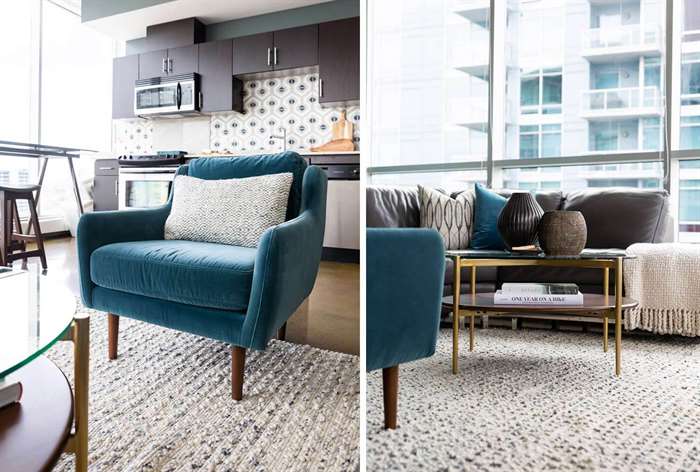 apartment living room ideas blue velvet chair