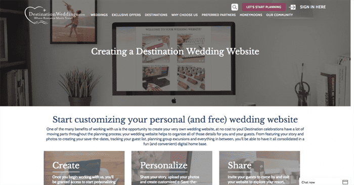 DestinationWeddings.com wedding website screenshot and example.