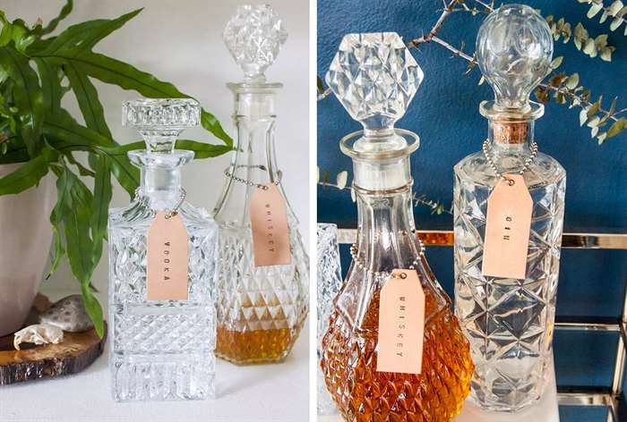 crystal decanters with stamped leather tags