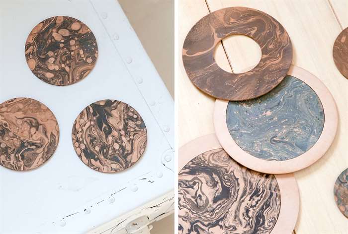 leather coasters with black white and blue marble design