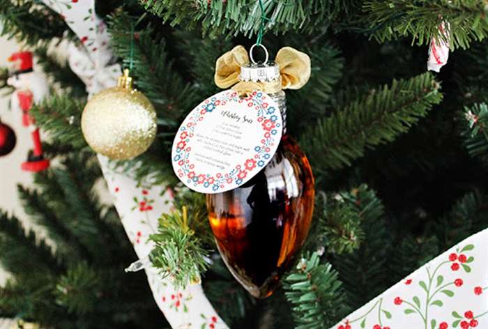 christmas tree ornament filled with whiskey