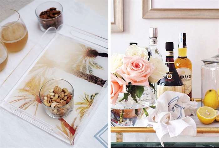 serving tray with a photo of palm trees and a cup of cashews