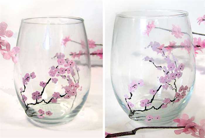 tumbler glasses painted with cherry blossoms