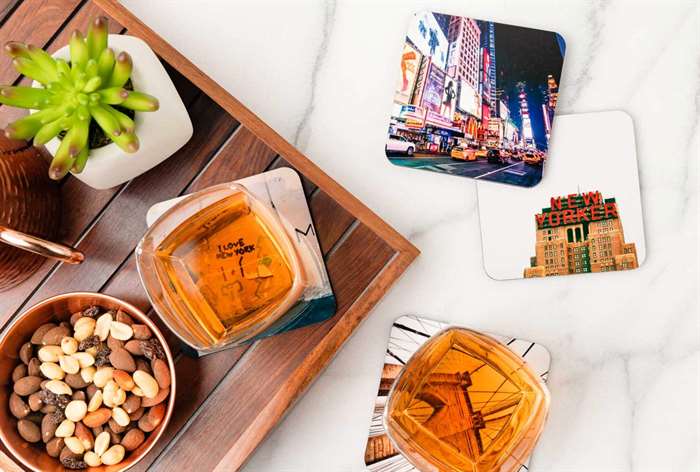 photo coasters with glasses of whiskey