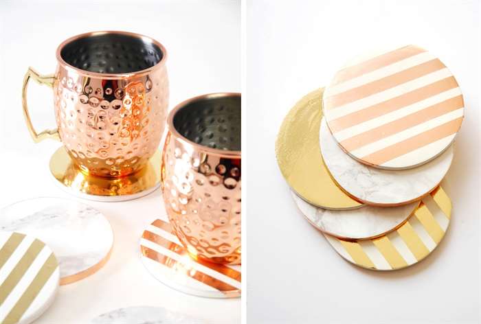 rose gold striped coasters and moscow mule cups