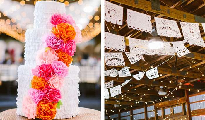 mexican inspired paper flowers on cake and garlands