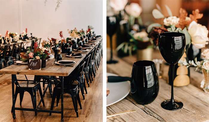 eclectic floral over hang black chairs and glassware