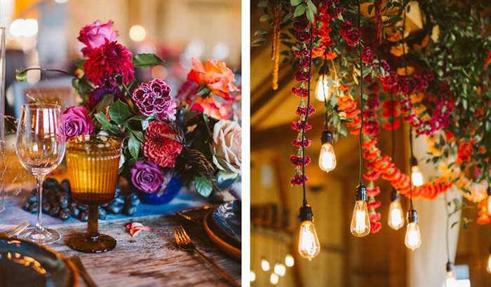 eclectic flower arrangement and table hanging lights