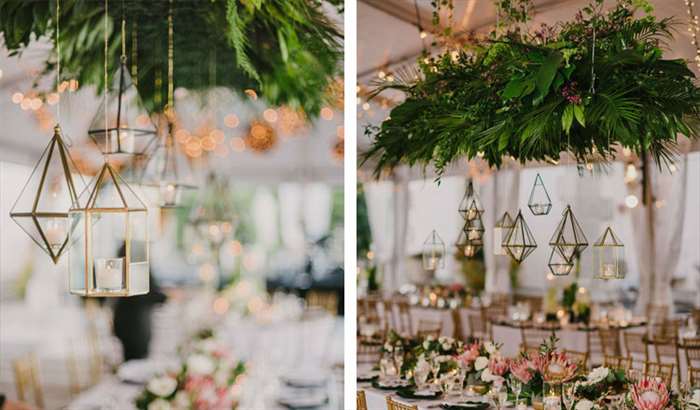 geometric gold votive hanging arrangement