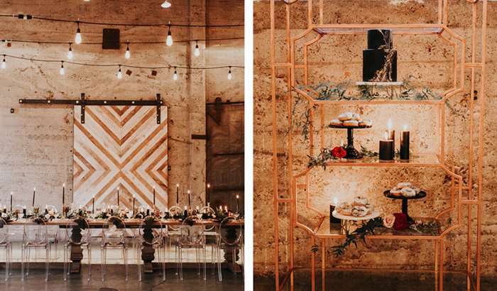 geometric backdrop and dessert display