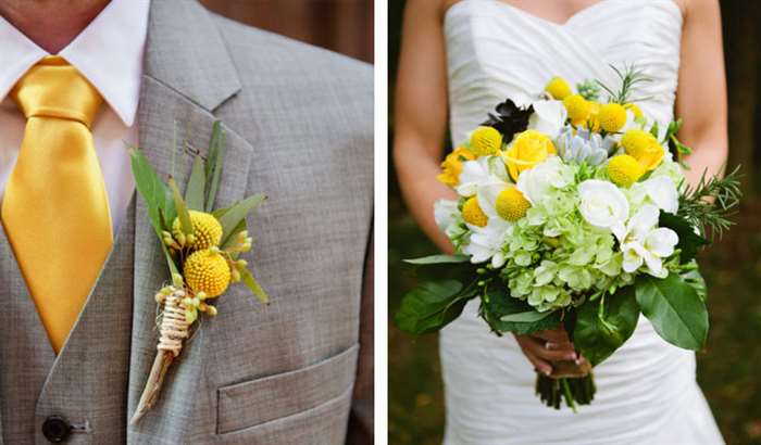 bright yellow billyball boutonniere and bridal bouquet