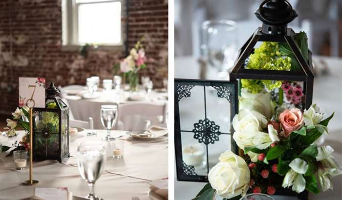 metal lanterns filled with flowers