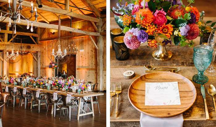 elegant barn wedding colorful flower centerpieces