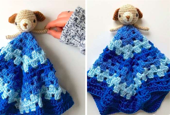 blue crocheted puppy lovey