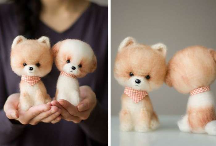 two crocheted realistic dogs