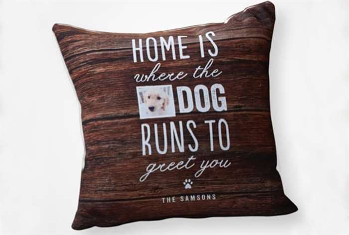 pillow that says "home is where the dog runs to greet you"