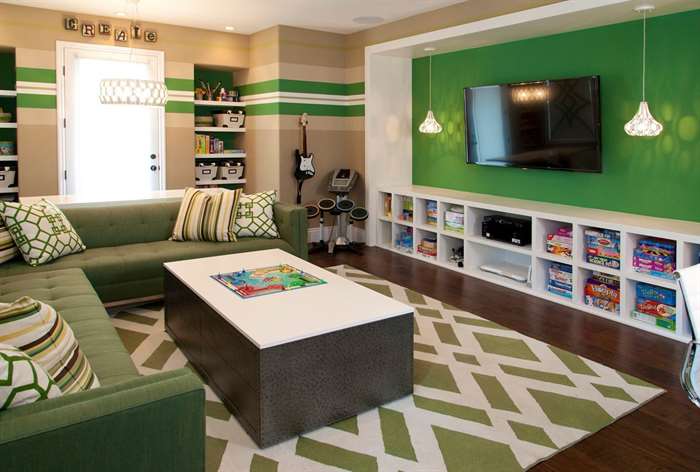 game room idea green shelves tv themed