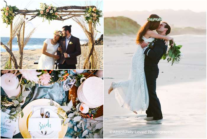 Ý tưởng đám cưới điểm đến Hawaii, cặp đôi trên bãi biển dưới vòm đám cưới, bàn tiệc với bánh và hoa, cặp đôi hôn nhau trên bãi biển