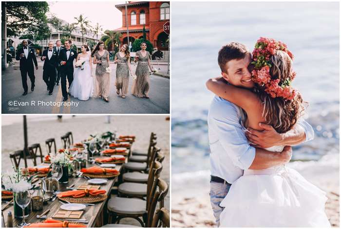 destination wedding ideas Key West, wedding party on street, red themed table setting, couple embracing on the beach