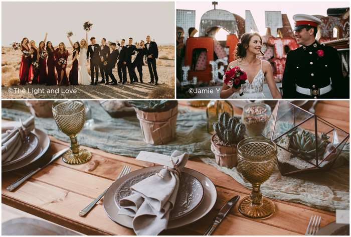 Las Vegas destination wedding ideas, wedding party in the desert, couple in downtown Las Vegas, table setting with cacti