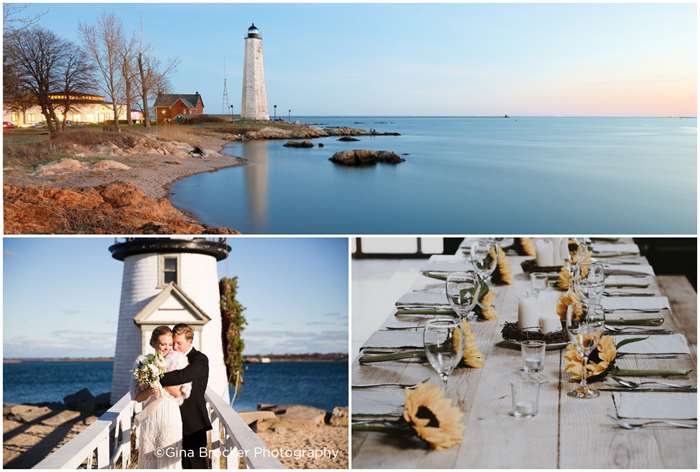 Ý tưởng đám cưới điểm đến Nantucket, ngọn hải đăng trên biển, cặp đôi trước ngọn hải đăng, bàn với hoa hướng dương