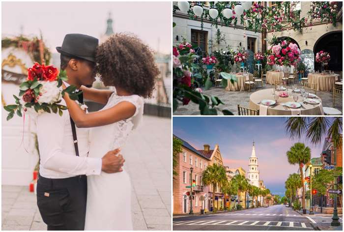Ý tưởng đám cưới điểm đến ở New Orleans, đám cưới cặp đôi ôm hôn, đường phố New Orleans, tiệc chiêu đãi trong sân