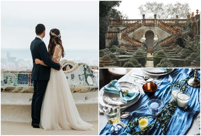 Barcelona destination wedding ideas, couple at Gaudi's park, garden with a terrace, colorful table setting accented with blue