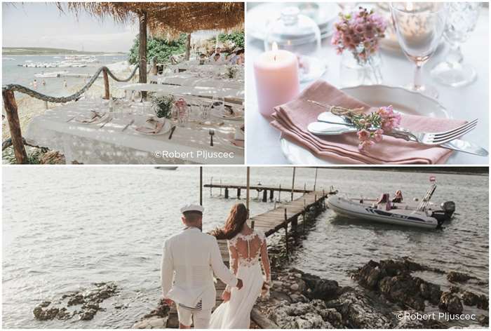 Ý tưởng đám cưới điểm đến ở Croatia, bàn tiệc nhìn ra biển, bàn tiệc màu hồng nhạt, bố đi bộ cô dâu xuống bến tàu