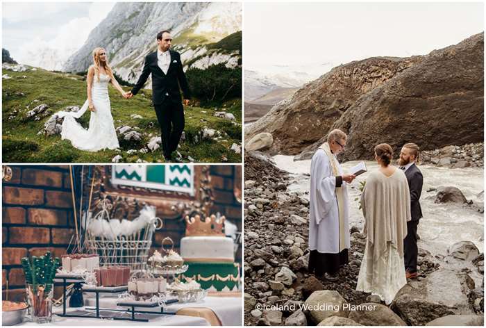 destination wedding ideas Iceland, couple in green hills, reception desserts, couple being married on the banks of a river