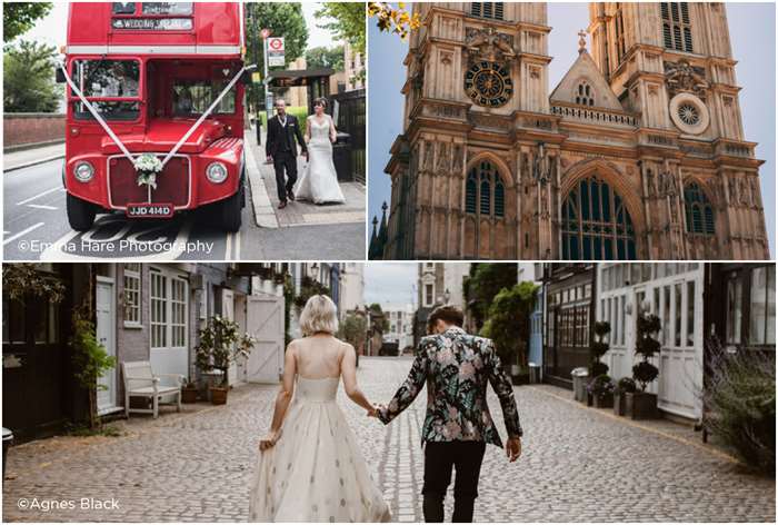 destination wedding ideas London, wedding couple near a red double-decker bus, London cathedral, couple walking down a cobblestone street 