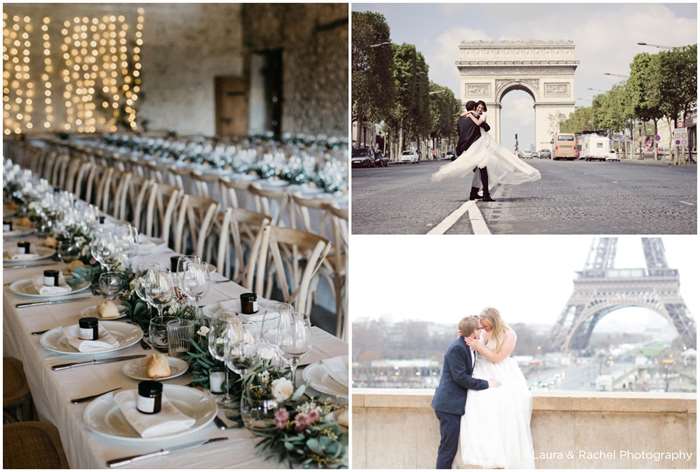 Ý tưởng đám cưới điểm đến Paris, không gian tiệc chiêu đãi với ánh đèn, cặp đôi trước Khải Hoàn Môn, cặp đôi hôn nhau trước tháp Eiffel