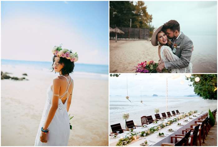 bride with flower crown on beach, couple kissing, beach reception, destination wedding ideas the bahamas