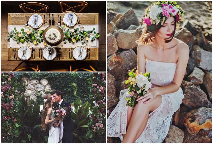 couple kissing with lush jungle around them, Costa Rica destination wedding ideas, table setting top down view with jungle leave on the table runner, bride on rocks with a flower crown