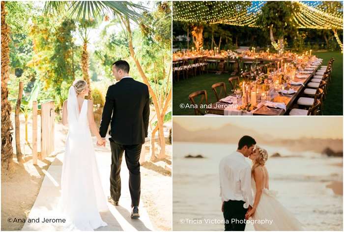 destination wedding ideas Loc Cabos, wedding aisle with jungle leaves around it, outdoor wedding reception with lights everywhere, couple kissing in front of the ocean