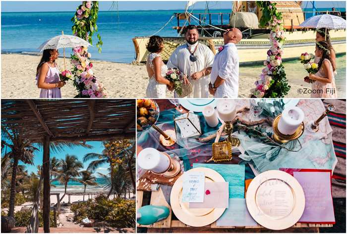 gazebo on the beach, bright blue and pink table setting, circular arch on the beach with the wedding party