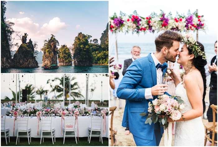 Thai bay with rock formations, destination wedding ideas Thailand, tropical table setting, kissing couple on the beach