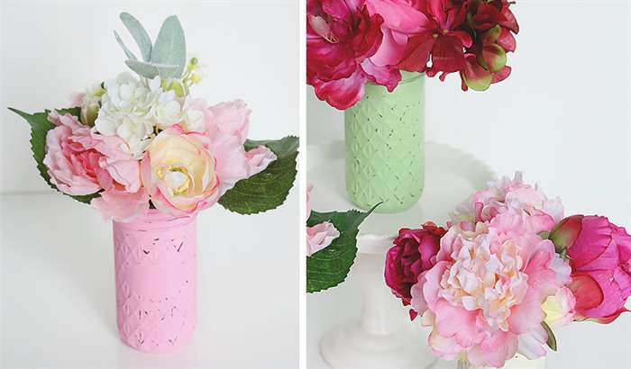 pink and green vases with pink flowers