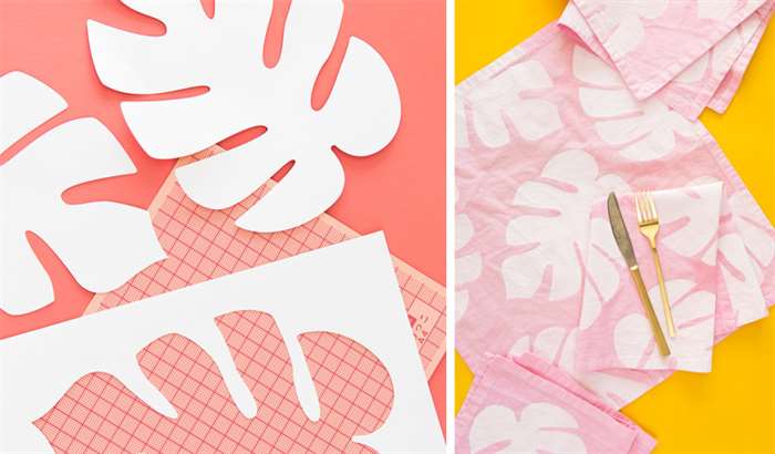 pink stenciled napkins with palm leaf design 