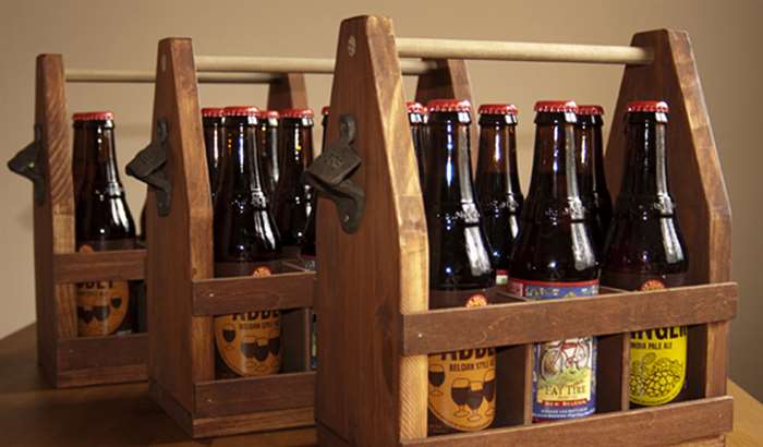 wooden beer tote with bottle opener