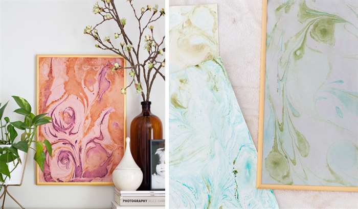 pink and blue marbled wall art in gold frame 