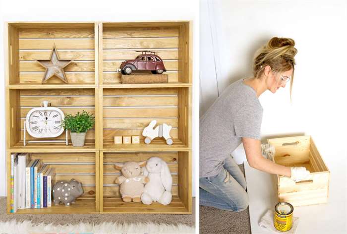 bookshelf staining crates