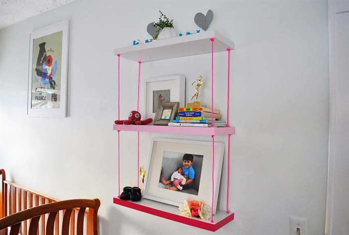 bookshelf pink string kids room