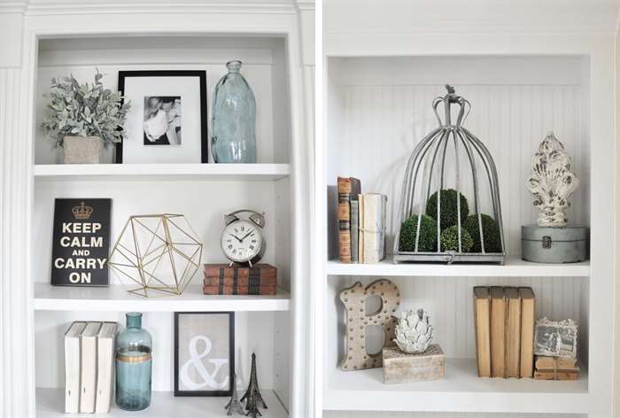 bookshelf blue glass bottles