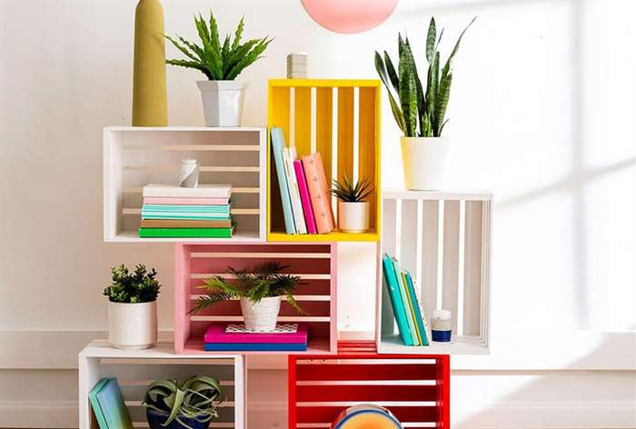 bookshelf colored crates plants