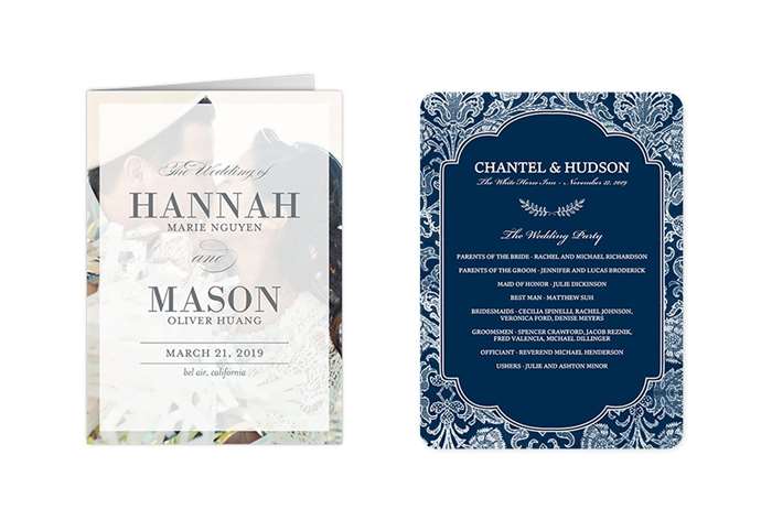 two custom wedding programs one with an engagement photo and the other is navy with elegant white script