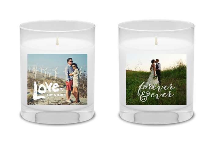 two custom candles with a photo of a couple and the text "love" and "forever and ever"